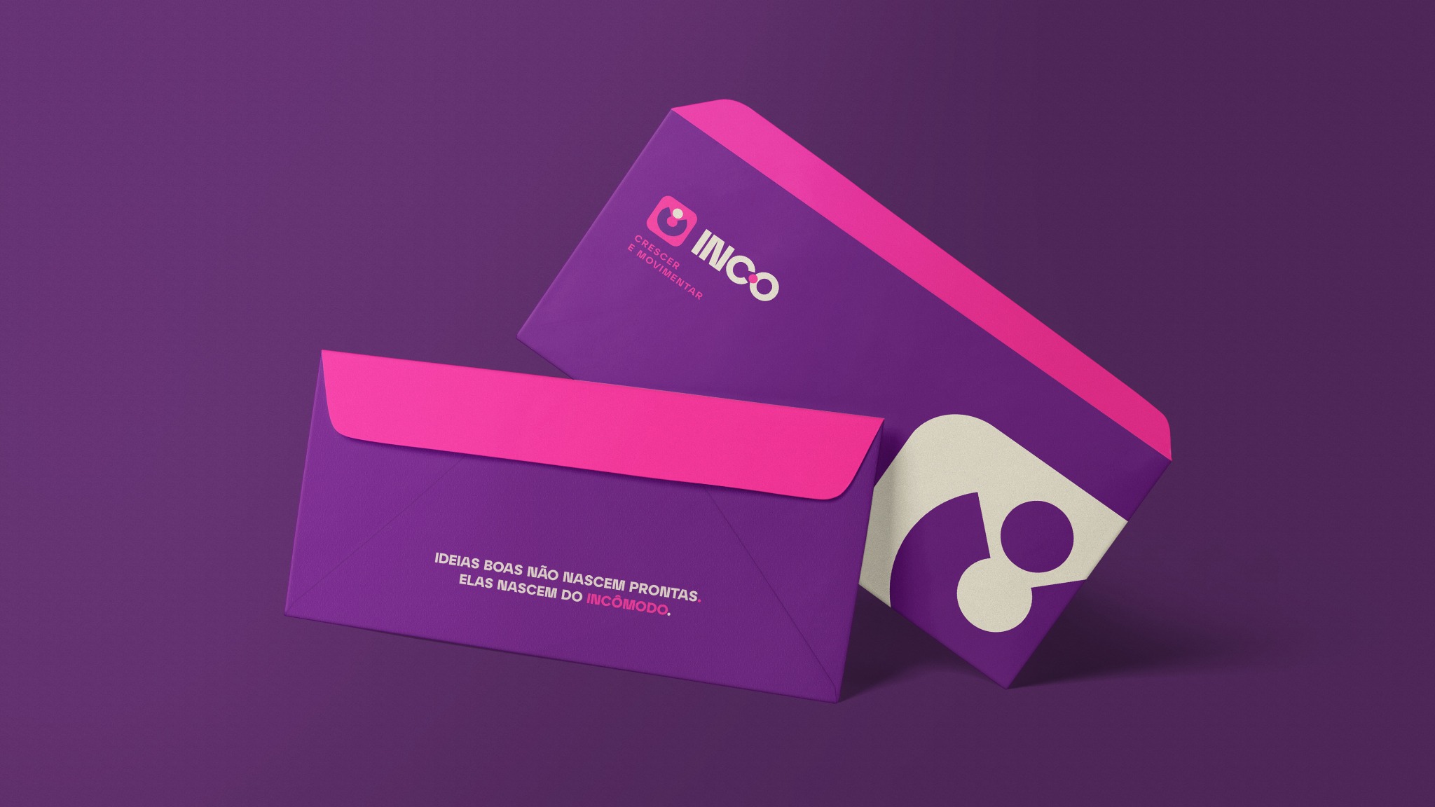 Identidade visual INCO aplicada em materiais de marca roxos e pink