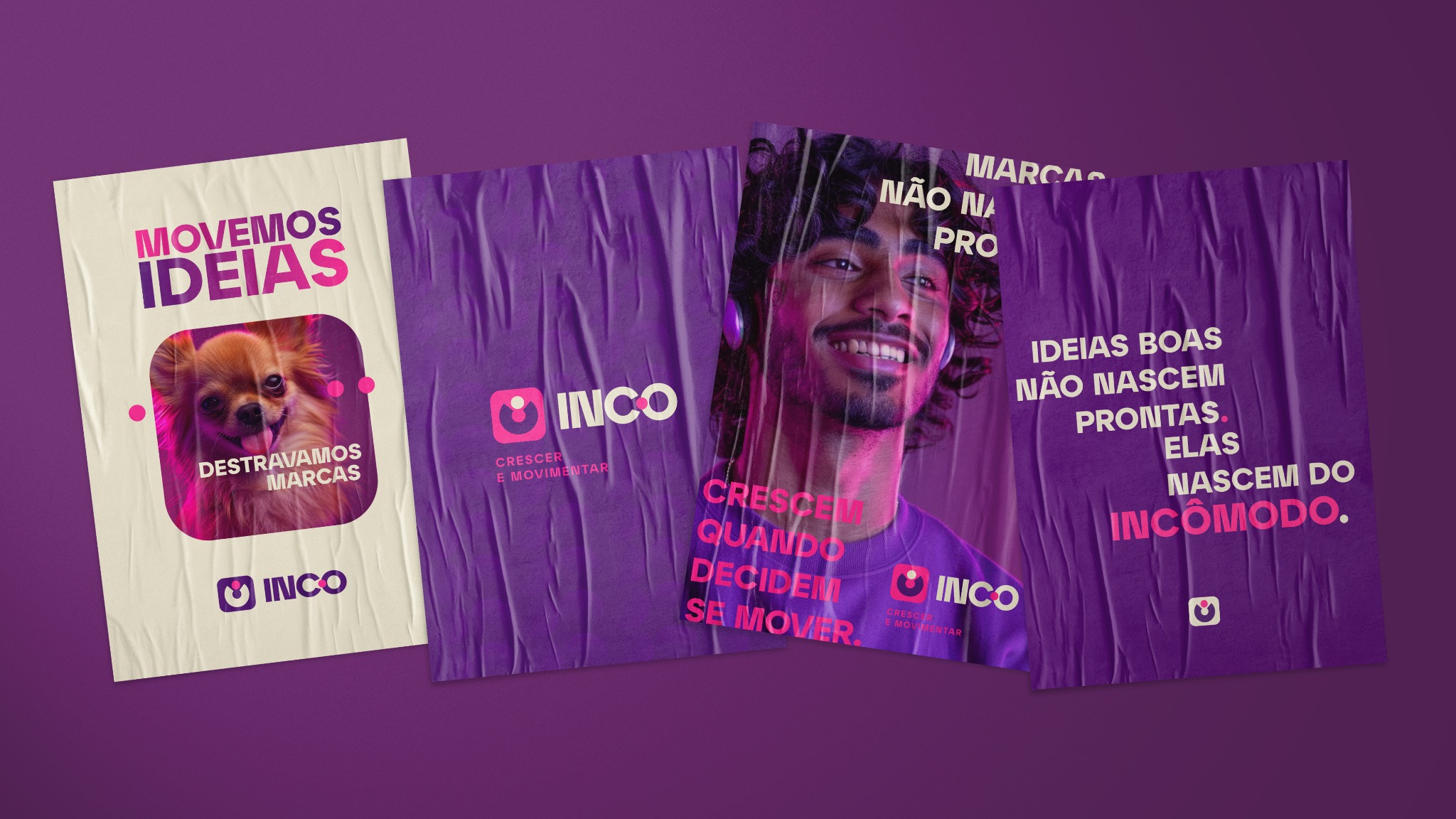Peças de campanha INCO com identidade roxa, pink e mensagens sobre criatividade